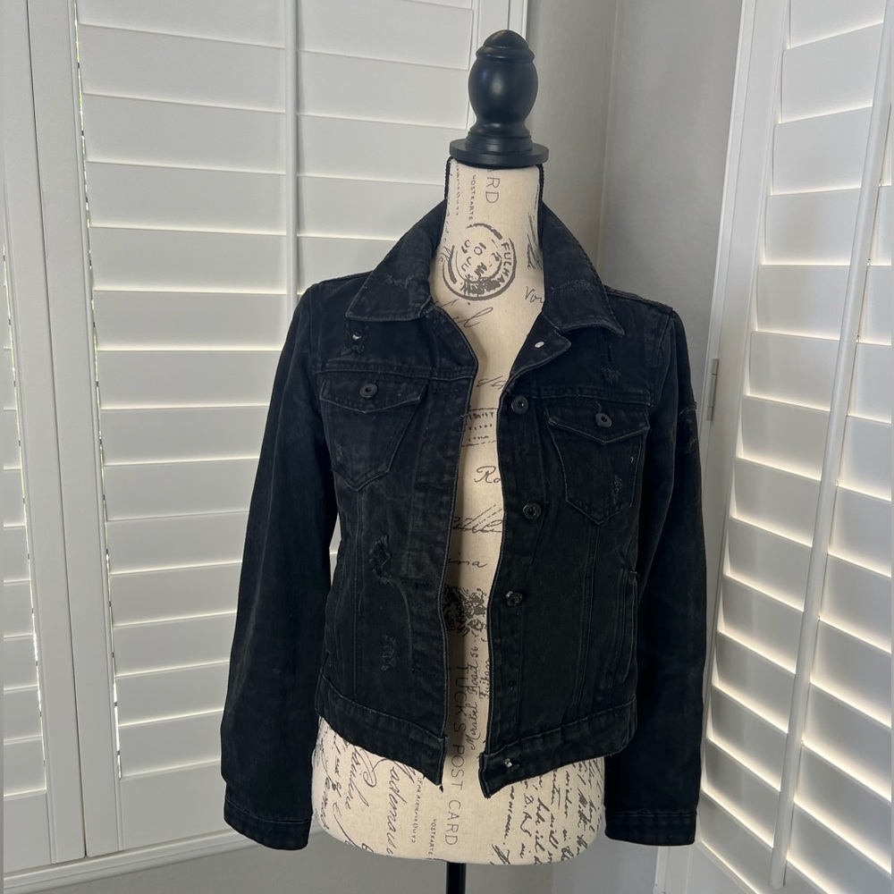 Distressed Black Denim Jean Jacket, Small